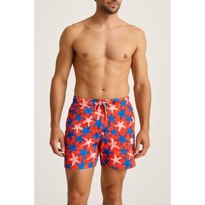 Peter Millar Starfish Swim Trunks Mens XL Red Blue Mesh Lined Board Shorts